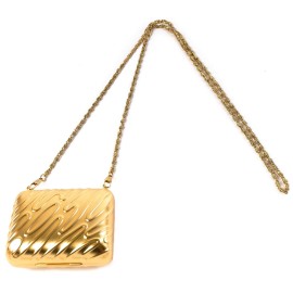 Mini Metallic Hard Case Handbag With Mirror and Long Chain (Gold)