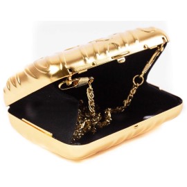 Mini Metallic Hard Case Handbag With Mirror and Long Chain (Gold)
