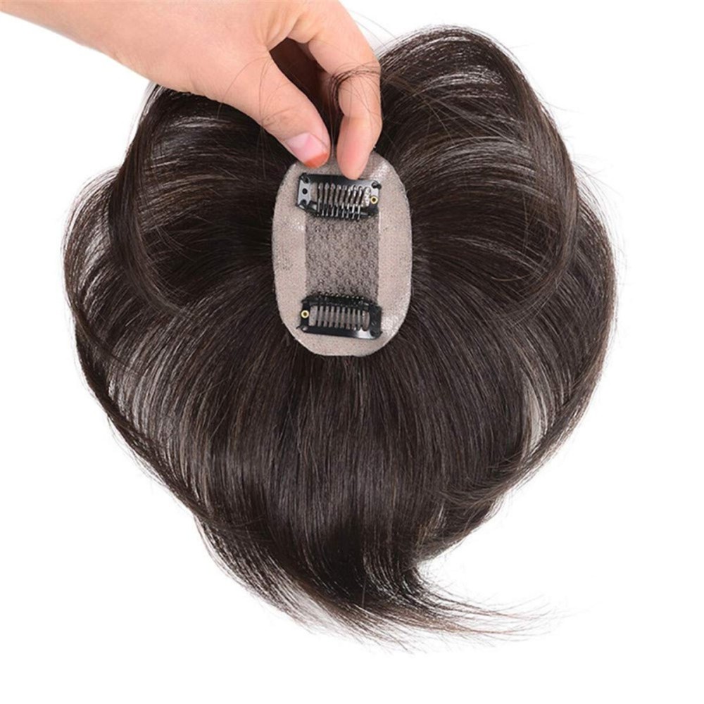 RemeeHi Short Straight Human Hair Toppers 18cm Hand Made Clip in Hairpiece for Covering White Hair Tape Toupee Wiglet 5x7cm Black