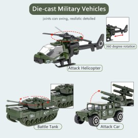 Shellvcase Diecast Military Vehicles, 6 Pack Army Toys Assorted Alloy Metal Model Cars Tank,Helicopter,Panzer,Anti-Air Vehicle Playsets Gift for Boys Kids Age 6 7 8 9 10