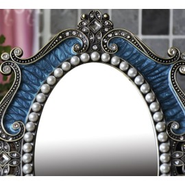 Nerien Vintage Vanity Tabletop Mirror, Metal Oval Decorative Makeup Stand, Antique Table Cosmetic, Coquette Countertop Desk Dresser for Home Bedroom Bathroom (Blue, S)