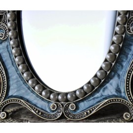 Nerien Vintage Vanity Tabletop Mirror, Metal Oval Decorative Makeup Stand, Antique Table Cosmetic, Coquette Countertop Desk Dresser for Home Bedroom Bathroom (Blue, S)