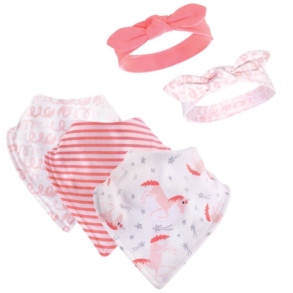 Hudson Baby Unisex Baby Cotton Bib and Headband or Caps Set, Coral Unicorn, One Size