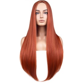 BERON Dark Orange Womens Wigs Long Straight Hair Wig Ginger Middle Part Heat Resistant Synthetic Redhead Color Wigs for Cosplay Costume Party or Daily Use Wig