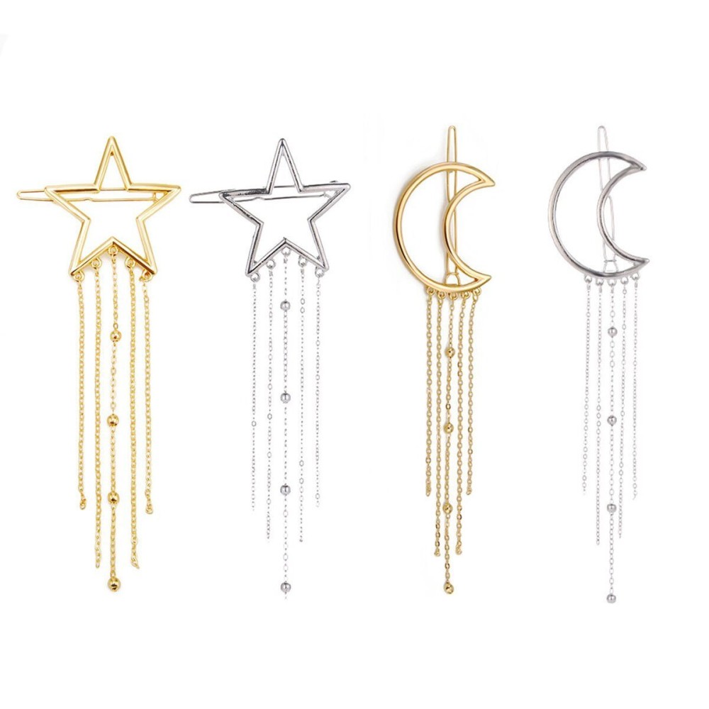Numblartd 4 Pcs Fashion Metal Alloy Geometric Stars Moon Tassel Hair Clip Pins - Women Hollow Side Clip Hairpin Barrettes Bobby Pins Headdress Hair Accessories Numblartd 4 Pcs Fashion Metal Alloy Geometric Stars Moon Tassel Hair Clip Pins - Women Hollow Side Clip Hairpin Barrettes Bobby Pins Headdress Hair Accessories
