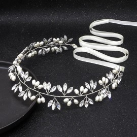 Ammei Headpiece Crystal Bridal Headpiece Wedding Headband With Genuine Freshwater Pearls And Combs Hair Accessories For Bride Bridesmaid (Silver)