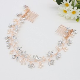 Ammei Headpiece Crystal Bridal Headpiece Wedding Headband With Genuine Freshwater Pearls And Combs Hair Accessories For Bride Bridesmaid (Rose Gold)
