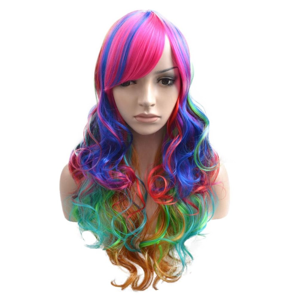 BERON Rainbow Long Wavy Wig With Bangs for Women - Colorful Curly Synthetic Wig With Cap