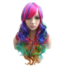 BERON Rainbow Long Wavy Wig With Bangs for Women - Colorful Curly Synthetic Wig With Cap