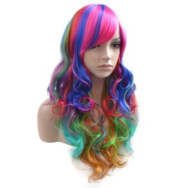 BERON Rainbow Long Wavy Wig With Bangs for Women - Colorful Curly Synthetic Wig With Cap