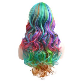 BERON Rainbow Long Wavy Wig With Bangs for Women - Colorful Curly Synthetic Wig With Cap