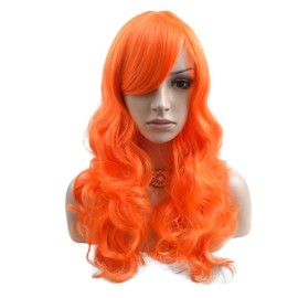 BERON Bright Orange Wig Long Light Orange Wig with Bangs for Women Long Wavy Curly Wigs Synthetic Hair with Cap