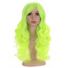 BERON Neon Green Wig Long Bright Green Wavy Curly Wig with Bangs for Women Synthetic Hair with Cap