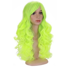 BERON Neon Green Wig Long Bright Green Wavy Curly Wig with Bangs for Women Synthetic Hair with Cap BERON Neon Green Wig Long Bright Green Wavy Curly Wig with Bangs for Women Synthetic Hair with Cap