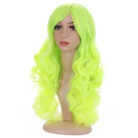 BERON Neon Green Wig Long Bright Green Wavy Curly Wig with Bangs for Women Synthetic Hair with Cap BERON Neon Green Wig Long Bright Green Wavy Curly Wig with Bangs for Women Synthetic Hair with Cap