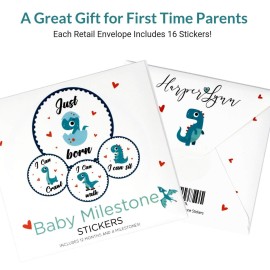 Baby Monthly Milestone Onesie Stickers by Harperlynn (16 Stickers - Dinosaur) - Newborn Photo Prop for Pictures - Great Gift for Parents of Happy Infant Boy or Girl - 4 Round- Fits Memory Planners