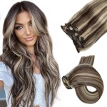 Hair Extensions Clip in Human Hair, Dark Brown with Blonde Highlights Straight Human Hair Extensions Clip in Hair, 7pcs Double Weft 70G Grade 9A Clip-in Hair Remy Extensions 20Inch for Women