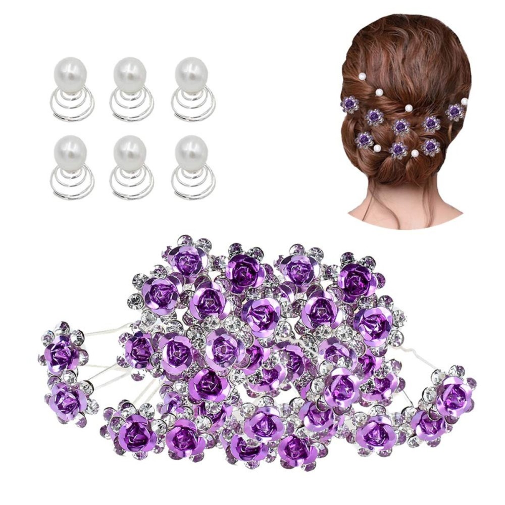 inSowni 40pcs Bridal Wedding Rhinestone Rose Flower U-shaped Hair Pins & 6pcs Twist Pearl Hairpins Headpiece Set in Gift Box for Women Girls Bridesmaid (Purple Set)