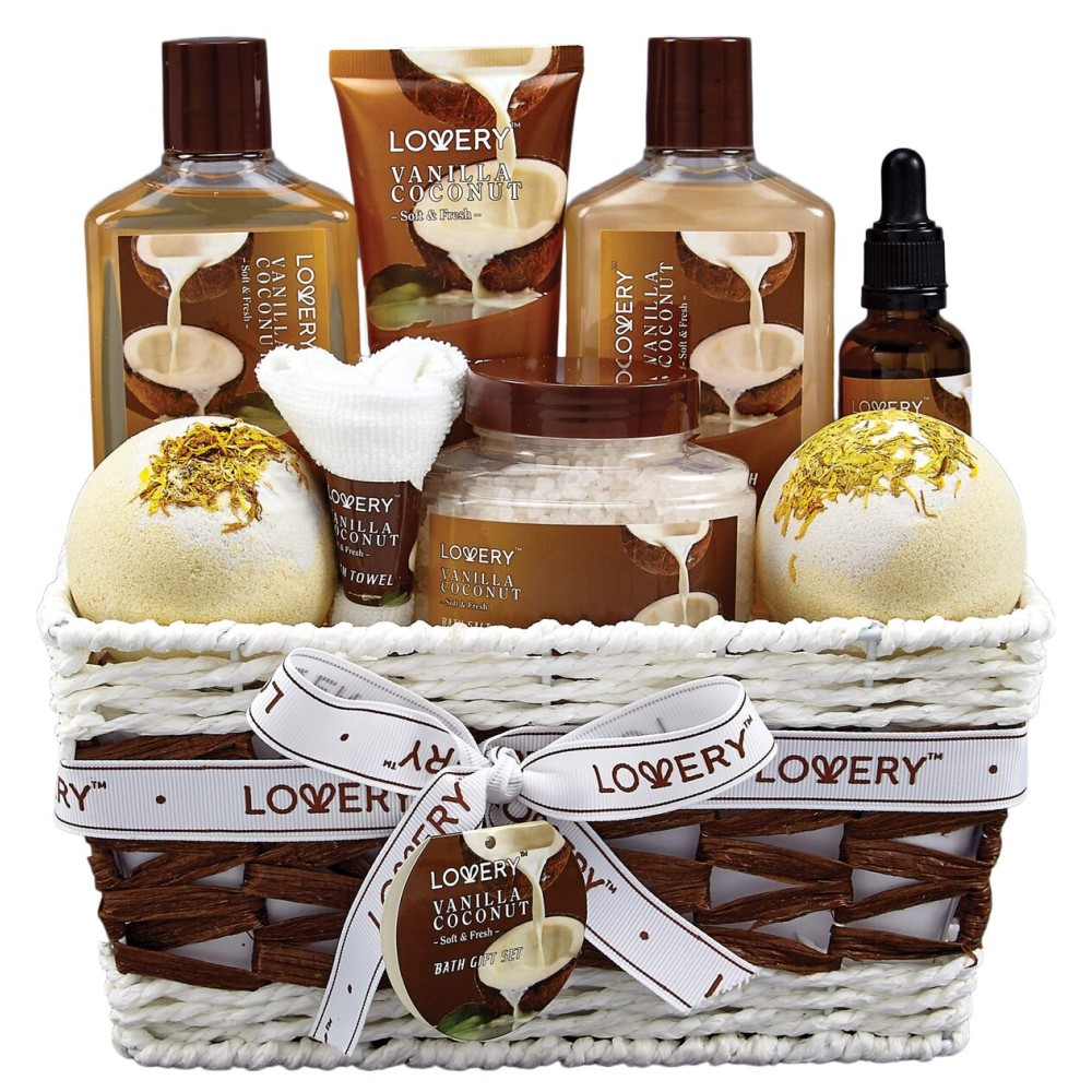 Bath and Body Gift Basket For Women and Men - 9 Piece Set of Vanilla Coconut Home Spa Set, Includes Fragrant Lotions, Extra Large Bath Bombs, Coconut Oil, Luxurious Bath Towel & More Bath and Body Gift Basket For Women and Men - 9 Piece Set of Vanilla Coconut Home Spa Set, Includes Fragrant Lotions, Extra Large Bath Bombs, Coconut Oil, Luxurious Bath Towel & More