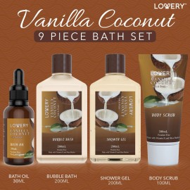 Bath and Body Gift Basket For Women and Men - 9 Piece Set of Vanilla Coconut Home Spa Set, Includes Fragrant Lotions, Extra Large Bath Bombs, Coconut Oil, Luxurious Bath Towel & More Bath and Body Gift Basket For Women and Men - 9 Piece Set of Vanilla Coconut Home Spa Set, Includes Fragrant Lotions, Extra Large Bath Bombs, Coconut Oil, Luxurious Bath Towel & More