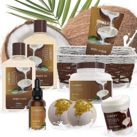 Bath and Body Gift Basket For Women and Men - 9 Piece Set of Vanilla Coconut Home Spa Set, Includes Fragrant Lotions, Extra Large Bath Bombs, Coconut Oil, Luxurious Bath Towel & More Bath and Body Gift Basket For Women and Men - 9 Piece Set of Vanilla Coconut Home Spa Set, Includes Fragrant Lotions, Extra Large Bath Bombs, Coconut Oil, Luxurious Bath Towel & More