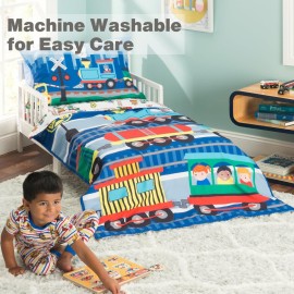 EVERYDAY KIDS 4 Piece Toddler Bedding Set -Choo Choo Train- Includes Comforter, Flat Sheet, Fitted Sheet and Reversible Pillowcase