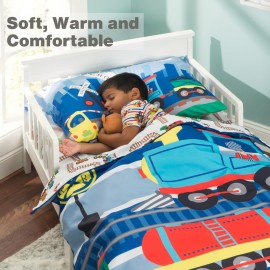 EVERYDAY KIDS 4 Piece Toddler Bedding Set -Choo Choo Train- Includes Comforter, Flat Sheet, Fitted Sheet and Reversible Pillowcase