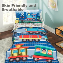 EVERYDAY KIDS 4 Piece Toddler Bedding Set -Choo Choo Train- Includes Comforter, Flat Sheet, Fitted Sheet and Reversible Pillowcase