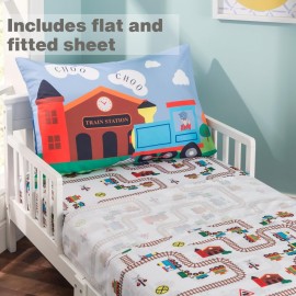 EVERYDAY KIDS 4 Piece Toddler Bedding Set -Choo Choo Train- Includes Comforter, Flat Sheet, Fitted Sheet and Reversible Pillowcase