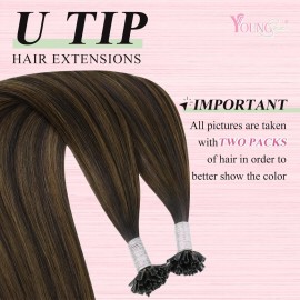 YoungSee K Tip Hair Extensions Real Human Hair Balayage U Tip Hair Extensions Human Hair Brown Utip Human Hair Extensions Brown with Brown Balayage U Tip Real Hair Extensions Straight 18In 50s/50G
