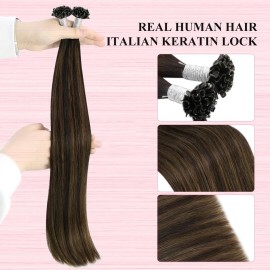 YoungSee K Tip Hair Extensions Real Human Hair Balayage U Tip Hair Extensions Human Hair Brown Utip Human Hair Extensions Brown with Brown Balayage U Tip Real Hair Extensions Straight 18In 50s/50G