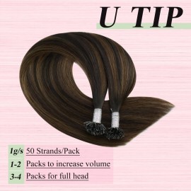 YoungSee K Tip Hair Extensions Real Human Hair Balayage U Tip Hair Extensions Human Hair Brown Utip Human Hair Extensions Brown with Brown Balayage U Tip Real Hair Extensions Straight 18In 50s/50G