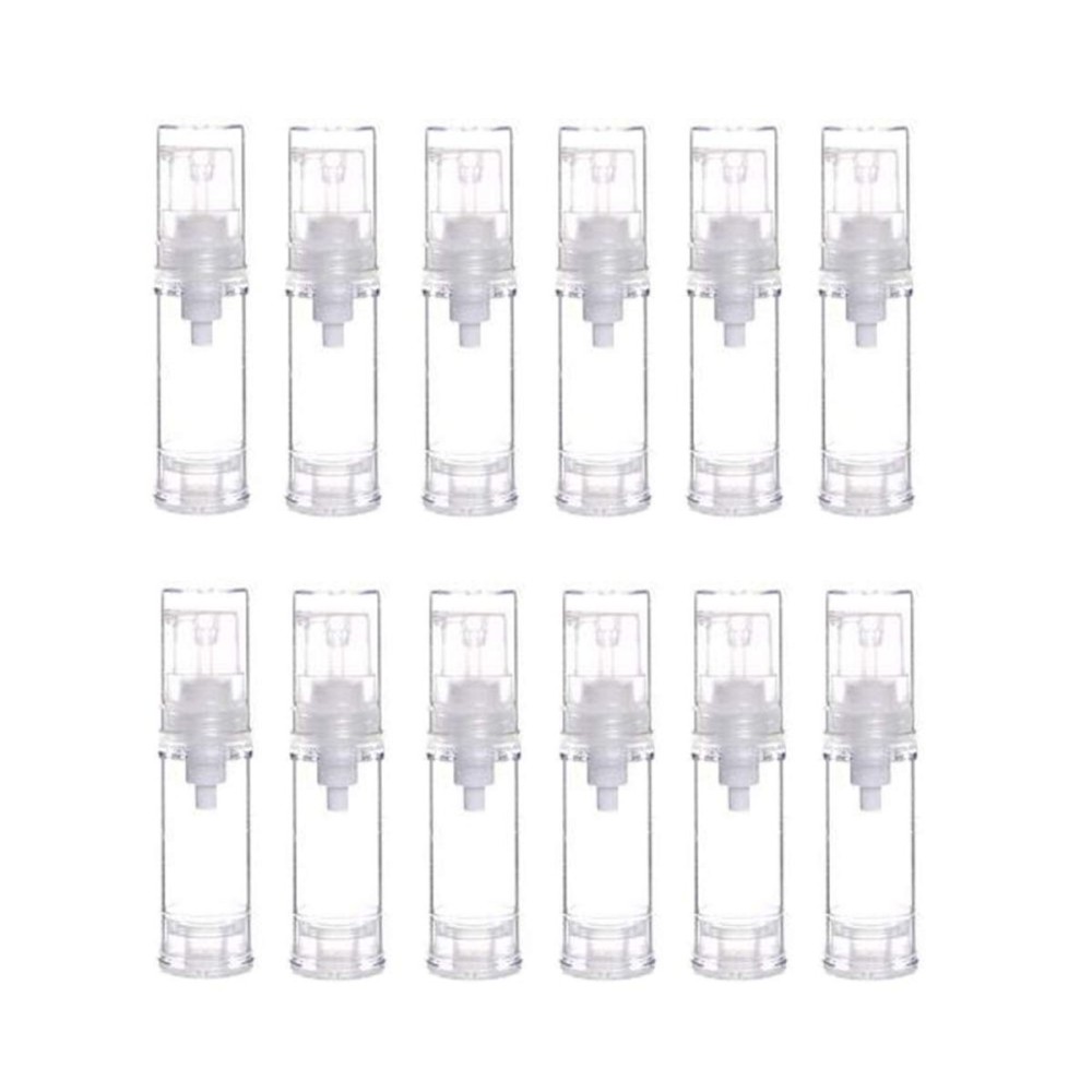 12Pcs Portable Empty Refillable Clear Plastic Airless Vacuum Pump Bottle Cosmetic Make-up Cream Lotion Sample Packing Toiletries Liquid Storage Container Vial Jars(5ml/0.17oz)