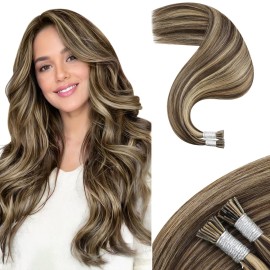 Moresoo I Tip Hair Extension Human Hair Caramel Blonde and Dark Brown Itip Hair Extensions Real Human Hair I Tip Human Hair Extensions 16inch 0.8g/s 50S