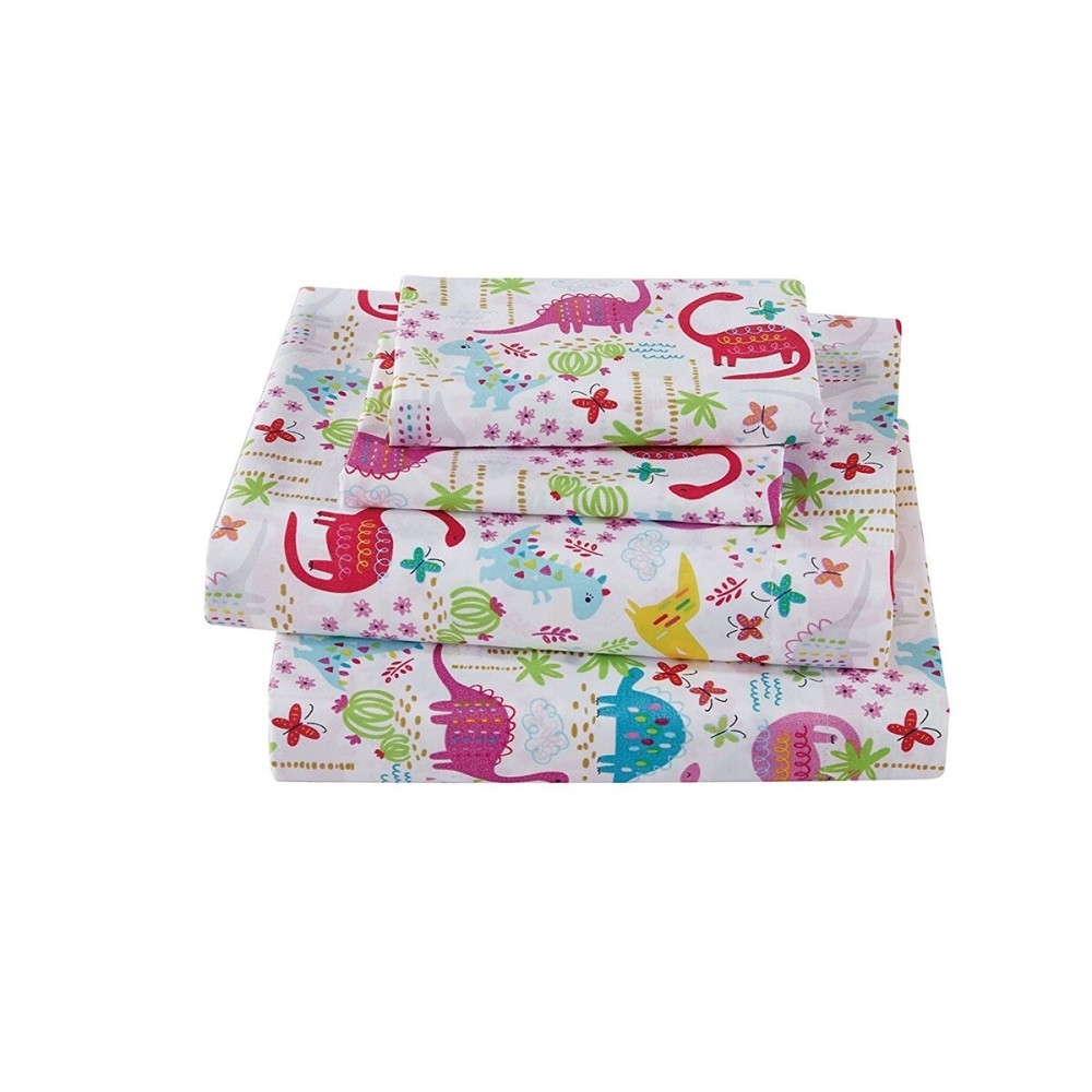 Linen Plus Sheet Set for Girls Dinosaur Pink White Red Purple Yellow Dinosaurs Jurassic Flat Sheet Fitted Sheet and Pillow Case Crib Size New