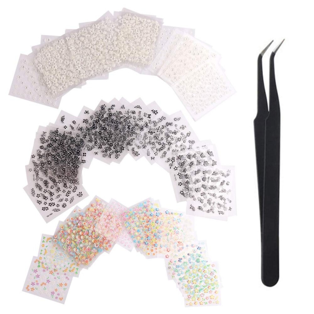WOKOTO 90Pcs Self-Adhesive 3D Design Nail Art Sticker Colorful White Black Flower Fingernail Decals Nail Art Decoration Decals with 1 Pcs Anti-Static Tweezers WOKOTO 90Pcs Self-Adhesive 3D Design Nail Art Sticker Colorful White Black Flower Fingernail Decals Nail Art Decoration Decals with 1 Pcs Anti-Static Tweezers