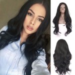 Sylvia Soft Natural Black 1B Lace Front Wig 24 Inch Long Natural Wave Synthetic Wigs Natural Hairline Middle Parting Half Hand Tied Wig 180% Density Heat Resistant Hair Replacement