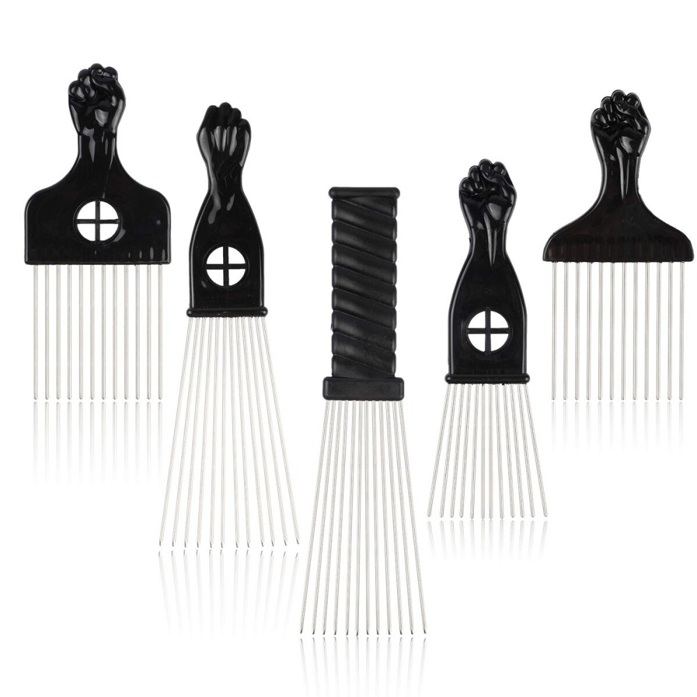 Folansy 5 Pcs Afro Comb Metal African American Pick Comb Hairdressing Styling Tool Hair Pick for Hair Styling black
