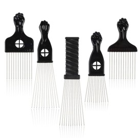 Folansy 5 Pcs Afro Comb Metal African American Pick Comb Hairdressing Styling Tool Hair Pick for Hair Styling black