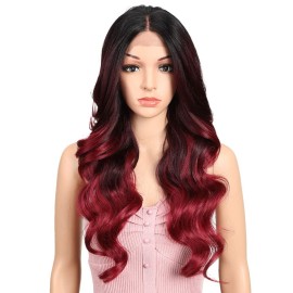 Joedir 26 Big Curly Wavy Supreme Free Parting HD Lace Frontal Wigs With Baby Hair High Temperature Synthetic Wigs For Women 180% Density Wigs(Ombre Black to Dark Wine Color)