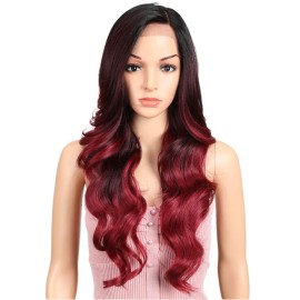 Joedir 26 Big Curly Wavy Supreme Free Parting HD Lace Frontal Wigs With Baby Hair High Temperature Synthetic Wigs For Women 180% Density Wigs(Ombre Black to Dark Wine Color)