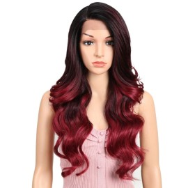 Joedir 26 Big Curly Wavy Supreme Free Parting HD Lace Frontal Wigs With Baby Hair High Temperature Synthetic Wigs For Women 180% Density Wigs(Ombre Black to Dark Wine Color)