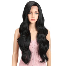 Joedir 30 inch Lace Front Long wavy Synthetic Hair Wigs for Women 130% Density wigs with Heat Resistant Fiber (Black)