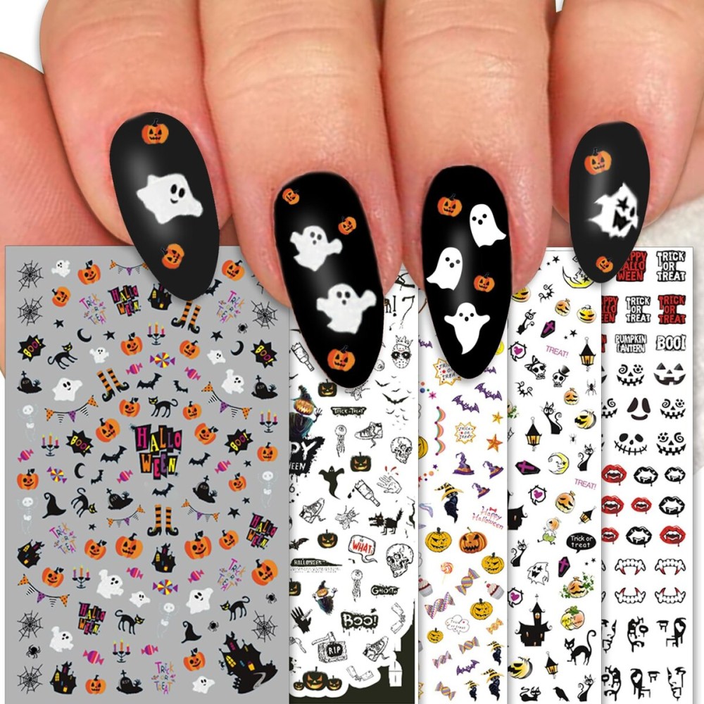 TailaiMei 1500 Pcs Halloween Nail Decals Stickers, 12 Sheets Self-Adhesive DIY Nail Art Tips Stencil for Halloween Party, Include Pumpkin/Bat/Ghost/Witch etc TailaiMei 1500 Pcs Halloween Nail Decals Stickers, 12 Sheets Self-Adhesive DIY Nail Art Tips Stencil for Halloween Party, Include Pumpkin/Bat/Ghost/Witch etc
