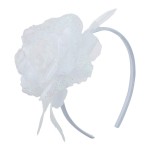 Lux Accessories White Ladies Side Floral Glittered Feathers Fashion Headband
