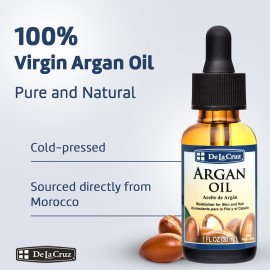 De La Cruz 100% Argan Oil of Morocco - Pure Cold-Pressed Virgin Moroccan Argan Oil for Hair and Skin - 1 FL OZ