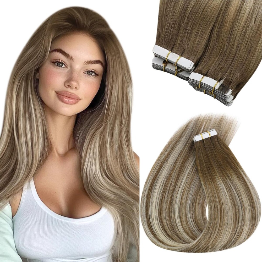 Sunny Hair Tape in Hair Extensions Real Human Hair Invisible Remy Hair Extensions Tape ins for Women Medium Brown Root to Platinum Blonde Balayage 18 inch 20Pcs 50G