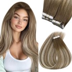 Sunny Hair Tape in Hair Extensions Real Human Hair Invisible Remy Hair Extensions Tape ins for Women Medium Brown Root to Platinum Blonde Balayage 18 inch 20Pcs 50G