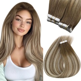 Sunny Hair Tape in Hair Extensions Real Human Hair Invisible Remy Hair Extensions Tape ins for Women Medium Brown Root to Platinum Blonde Balayage 18 inch 20Pcs 50G