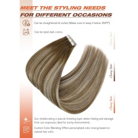 Sunny Hair Tape in Hair Extensions Real Human Hair Invisible Remy Hair Extensions Tape ins for Women Medium Brown Root to Platinum Blonde Balayage 18 inch 20Pcs 50G